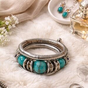 Turquoise Wrap 3 Times Silver Tone Bracelet